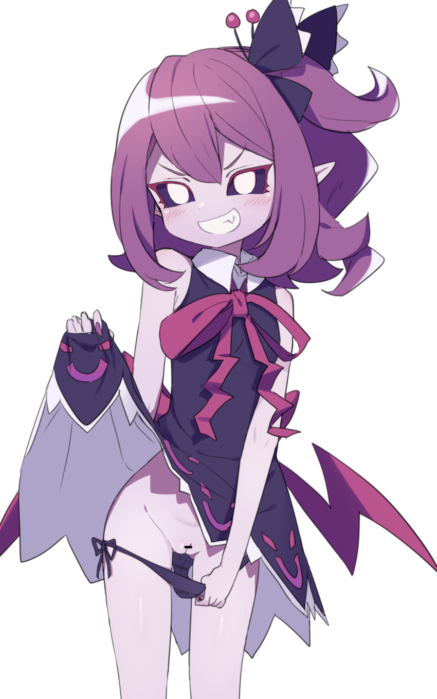 1girls anba_kohaku black_dress black_panties black_sclera blush censored clothes_lift colored_sclera colored_skin demon demon_girl demon_wings dress dress_lift female grin hair_ribbon highres long_hair low_wings musume one_side_up panties panty_pull pointy_ears purple_hair purple_skin pussy ribbon simple_background sleeveless sleeveless_dress smile solo underwear white_background white_eyes wings yuusha_no_kuse_ni_namaiki_da