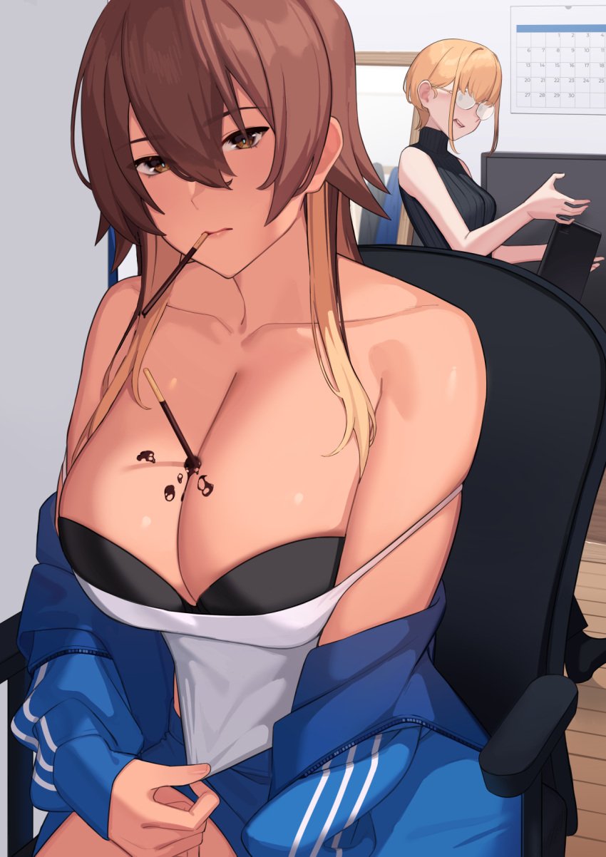 2girls arms_at_sides bare_shoulders black_bra blue_jacket bored bra breasts brown_eyes brown_hair calendar_(object) chair cleavage closed_mouth clothes_pull collarbone colored_tips food franham hair_over_breasts highres jacket jacket_partially_removed large_breasts looking_at_viewer multicolored_hair multiple_girls office office_chair office_lady open_clothes open_jacket original pocky pocky_in_mouth shirt shirt_pull underwear undressing white_shirt