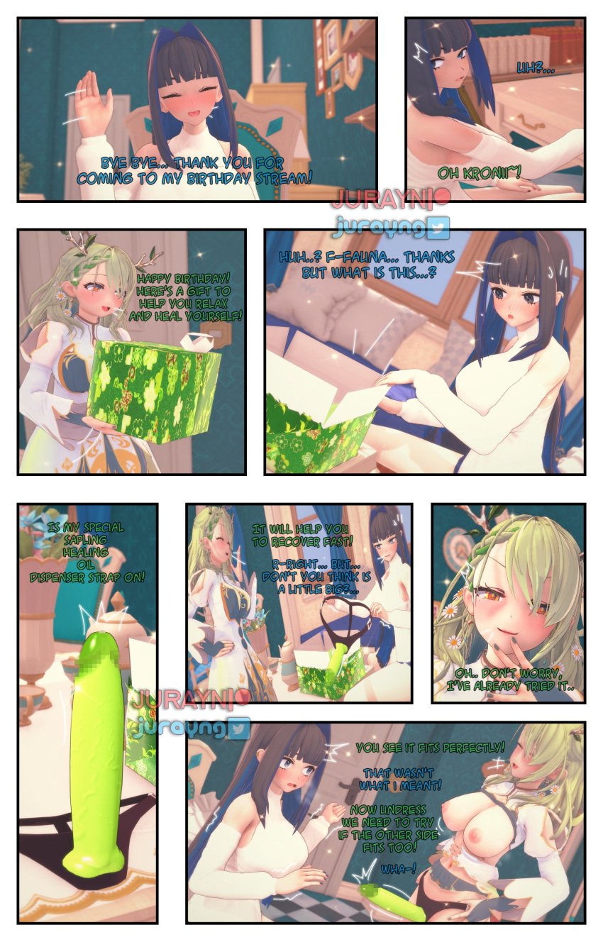 birthday breasts breasts_out ceres_fauna comic comic_page comic_panel hololive hololive_english hololive_english_-council- hololive_myth jurayn koikatsu ouro_kronii strap-on