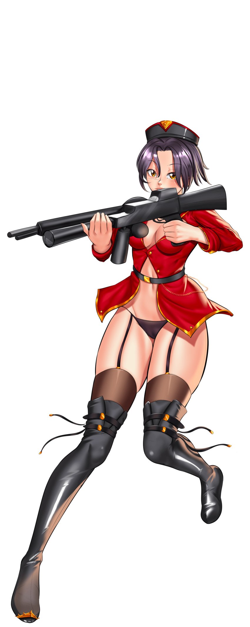 assault_rifle black_footwear black_hair black_panties boots breasts cg cleavage female full_body garter_straps green_background gun hat hentai_heroes holding holding_gun holding_weapon jacket kinkoid looking_at_viewer medium_breasts navel nobu_(hentai_heroes) official_art open_clothes panties parody red_jacket rifle short_hair simple_background solo standing thigh_boots thighhighs transparent_background underwear weapon yellow_eyes
