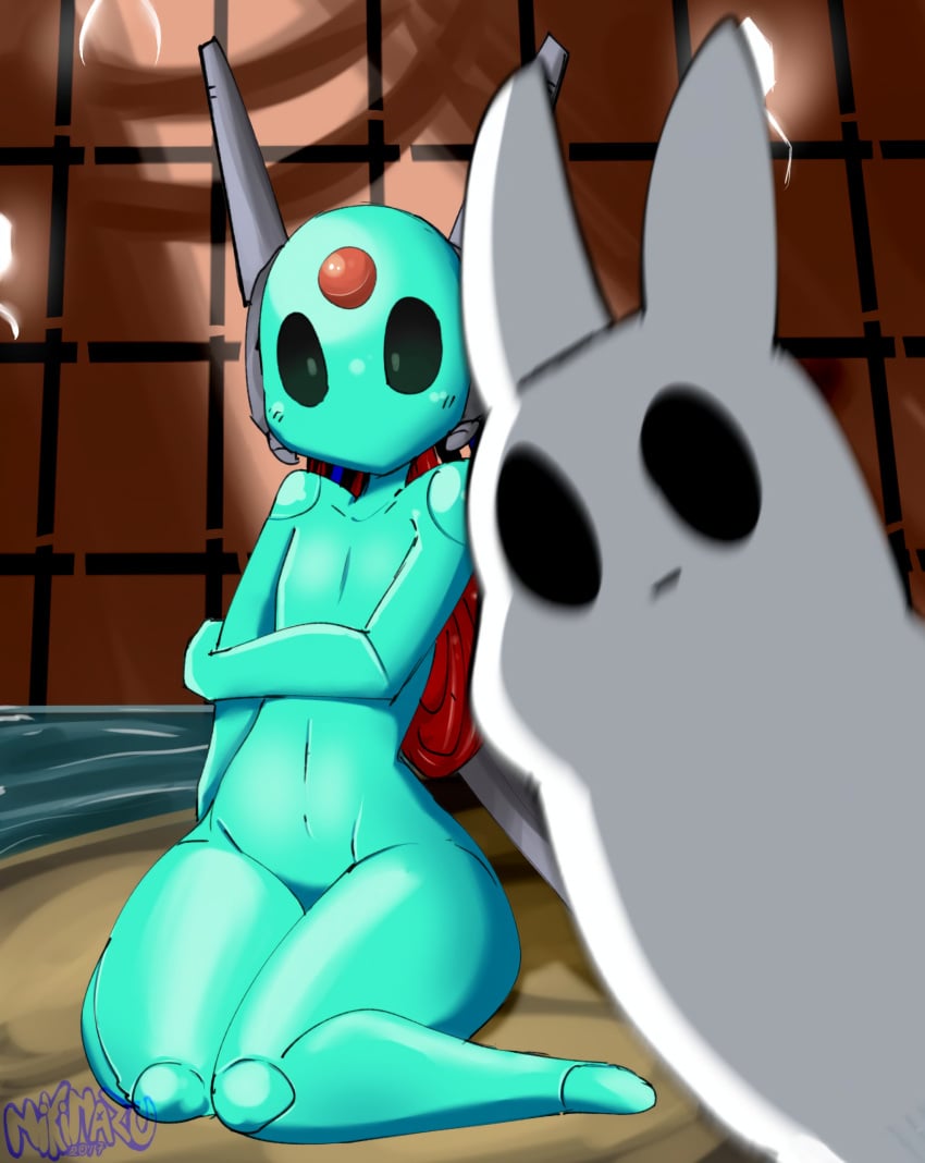 antennae_(anatomy) arm_behind_back black_eyes blue_body blush blush_lines blushing blushing_at_viewer blushing_female ears facial_markings female female_focus feral iterator_(rain_world) joints looks_to_the_moon_(rain_world) nervous neuron_fly_(rain_world) nikinazu nude nude_female rain_world robot robot_girl robot_humanoid robot_joints shiny_skin sitting sitting_down sitting_on_floor sitting_on_ground slugcat survivor_(rain_world) thick_thighs water white_body wires