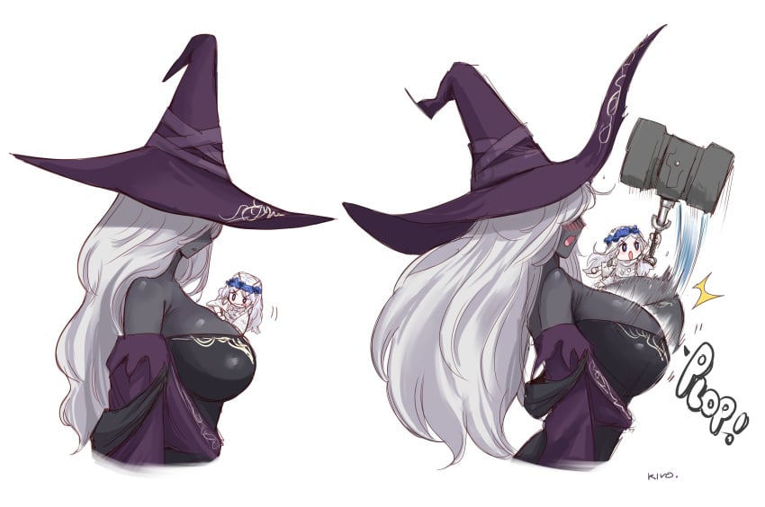 /// 2girls artist_signature big_breasts blush breasts busty chibi cleavage clothed cute dark-skinned_female dark_skin elden_ring elden_ring_nightreign embarrassed eyes_obscured fat_tits female female_only flower_on_head fromsoftware funny hair_over_eyes hammer hammerspace hat hi_res huge_breasts humor kivonotbabu large_breasts motion_lines object_between_breasts onomatopoeia pale-skinned_female recluse_(nightreign) revealing_clothes revenant_(nightreign) size_difference smile smirk white_background white_hair witch witch_hat