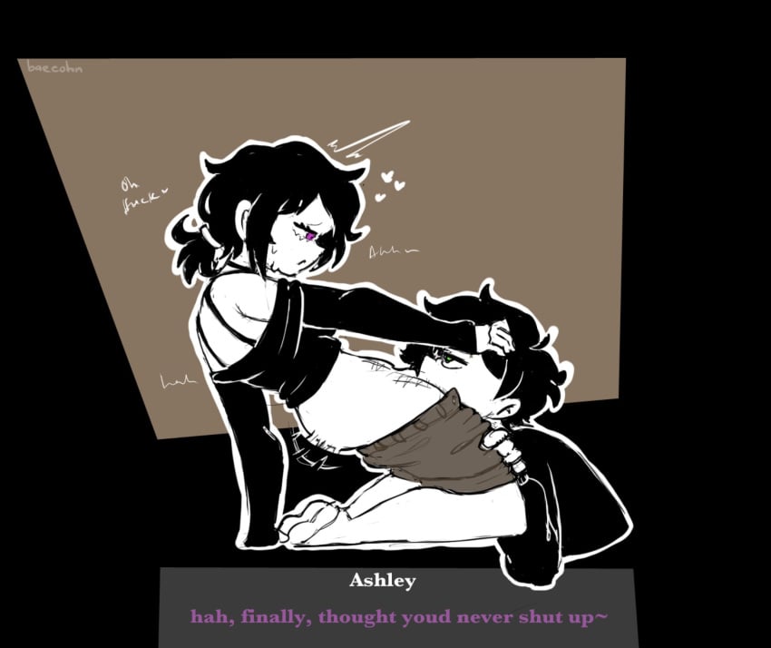 1boy 1boy1girl 1girls andrew_graves ashley_graves ass baecohn black_hair brother_and_sister cunnilingus female green_eyes incest incest_(lore) male monochrome pants_down ponytail purple_eyes text text_box the_coffin_of_andy_and_leyley