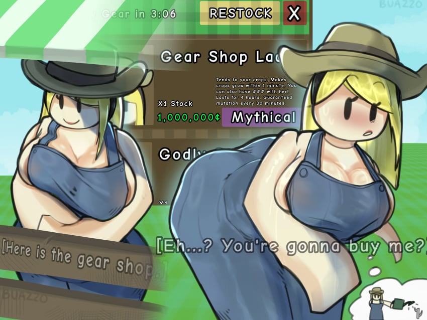 1girls almost_naked almost_nude big_ass big_breasts big_thighs blonde_female blonde_hair buazzo cowboy_hat female game girls_only grow_a_garden hat large_ass large_breasts large_butt large_thighs lipstick no_bra overalls overalls_only peeking_nipple roblox roblox_avatar roblox_game robloxian side_boob sideboob text text_box text_bubble