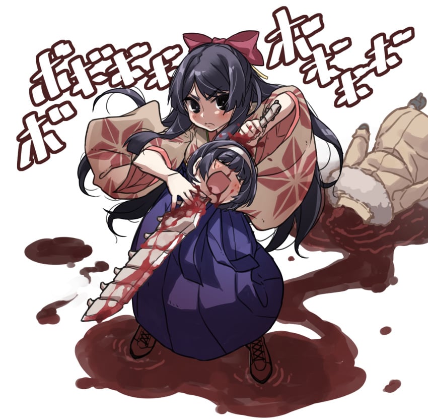 2girls black_hair bleeding blood boots coat commentary_request death full_body gosha_shizuku hairband hakama highres holding holding_sword holding_weapon izumi_ico japanese_clothes kimono long_hair looking_at_viewer meiji_schoolgirl_uniform multiple_girls nie_no_hakoniwa open_mouth pool_of_blood rikugou_suzune severed_head short_hair siblings sisters smile sword weapon