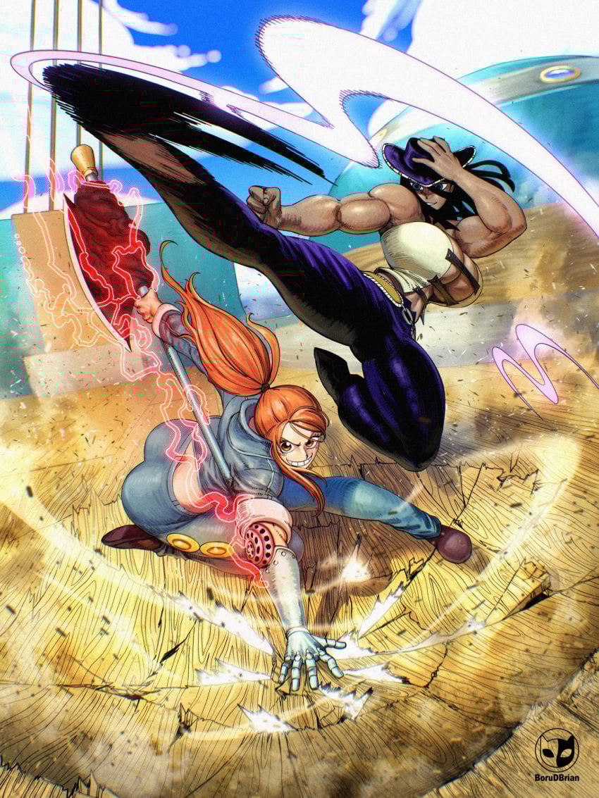 2girls abs bare_arms bare_shoulders big_breasts black_hair blue_eyes borudbrian clothed clothing color female female_focus female_only fighting fit_female hat hi_res large_breasts light-skinned_female light_skin long_hair muscles muscular muscular_arms muscular_female muscular_legs muscular_thighs nami_(one_piece) nico_robin one_piece orange_eyes orange_hair shounen_jump solo_female tagme thick_thighs weapon