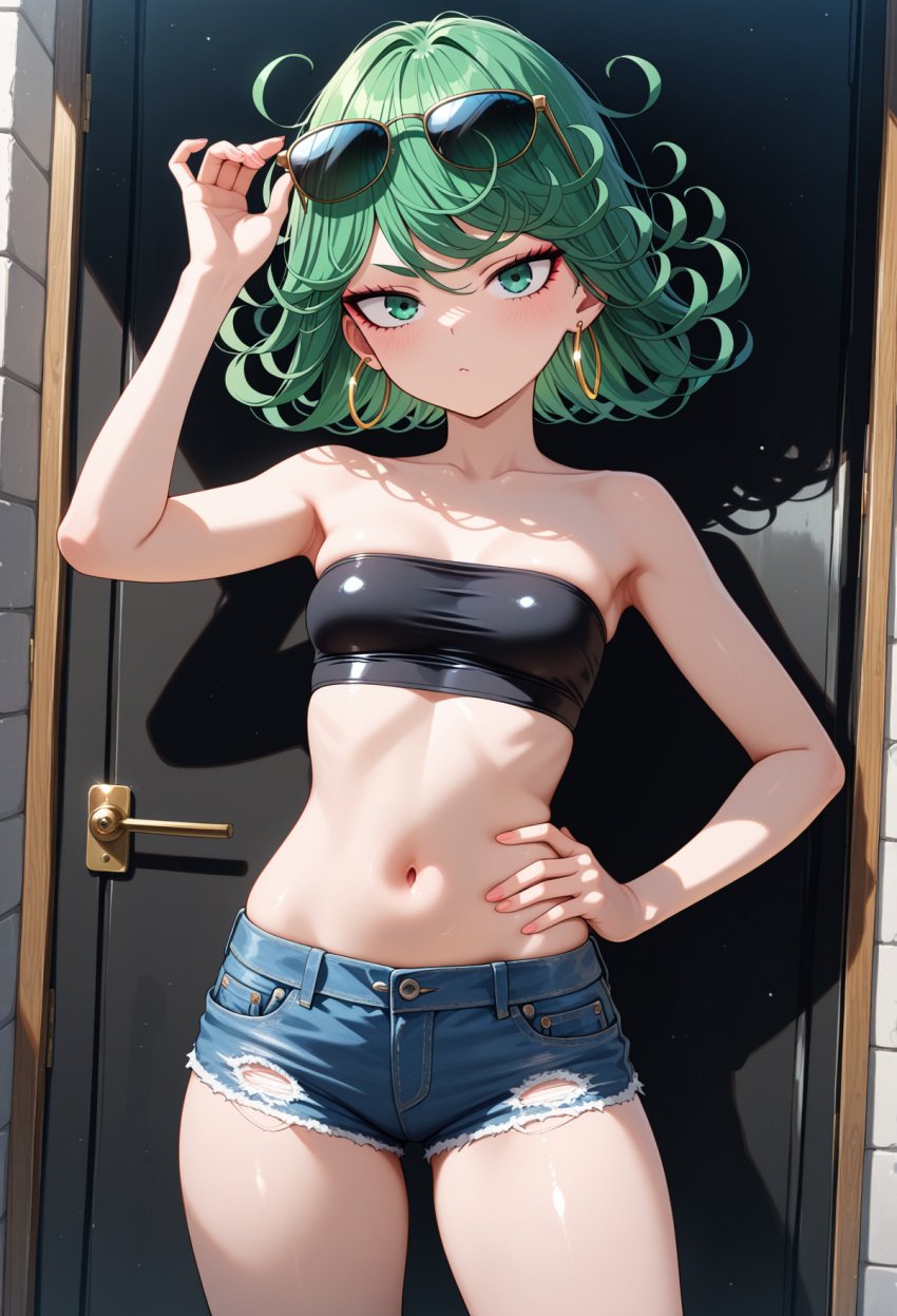 adjusting_glasses ai_generated armpits clothed_female collarbone contrapposto female green_eyes green_hair hand_on_own_hip hoop_earrings looking_at_viewer navel one-punch_man self_upload short_shorts stable_diffusion standing sunglasses_on_head tatsumaki thighs tubetop