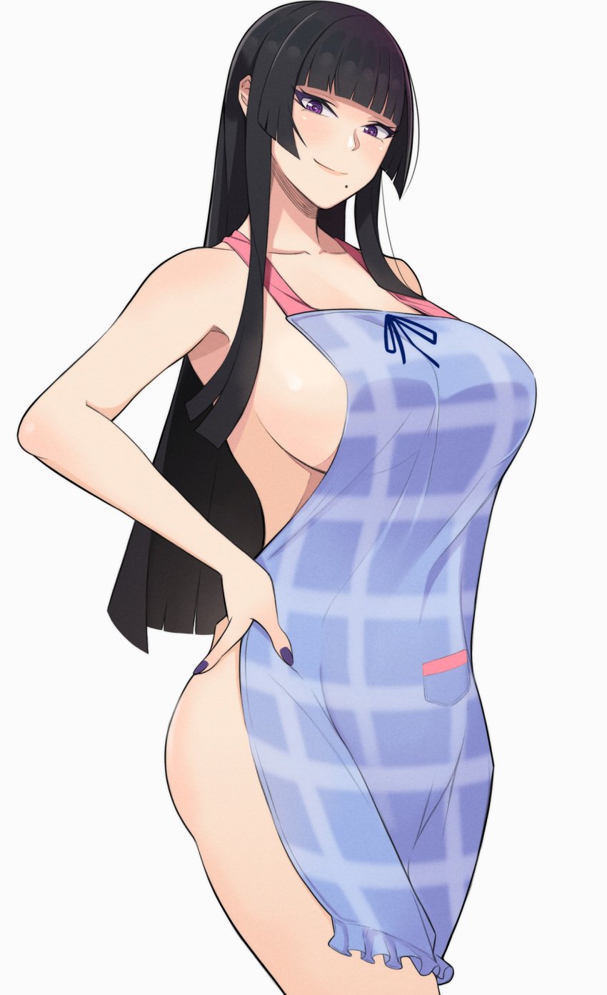 1girls alluring apron_only big_breasts black_hair cleavage dead_or_alive dead_or_alive_6 dead_or_alive_xtreme dead_or_alive_xtreme_2 dead_or_alive_xtreme_3 dead_or_alive_xtreme_3_fortune dead_or_alive_xtreme_beach_volleyball dead_or_alive_xtreme_venus_vacation konishiki_(52siki) naked_apron pin_up purple_hair tecmo