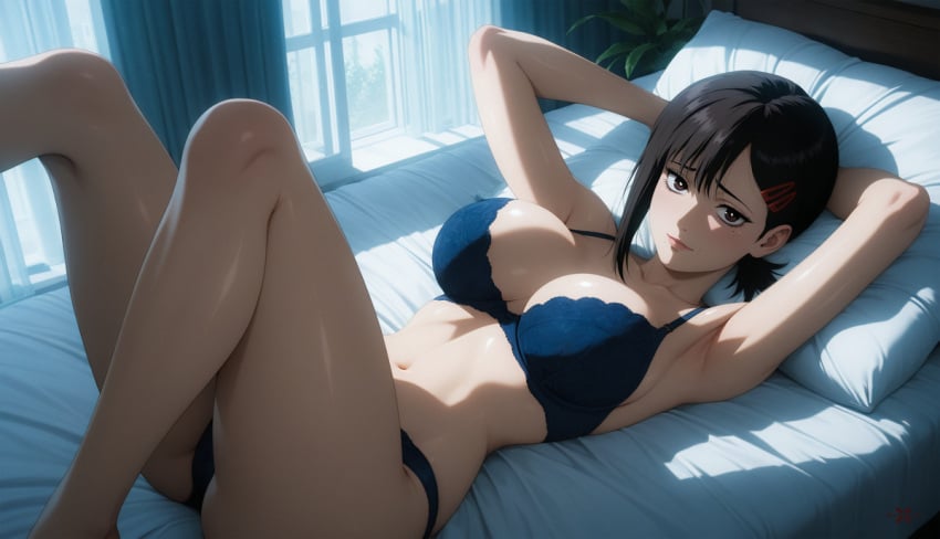 1girls ai_generated blue_bra blue_panties blue_underwear chainsaw_man higashiyama_kobeni large_breasts solo underwear
