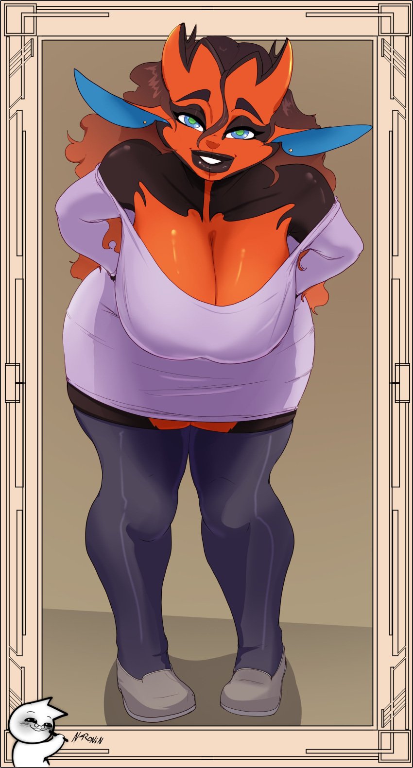 1girls alien alien_girl alien_humanoid bare_shoulders bent_over big_breasts black_lips brown_hair cleavage clothing female female_only green_eyes long_hair looking_at_viewer mature_female milf n-ronin puazi smiling smiling_at_viewer solo thighhighs very_high_resolution