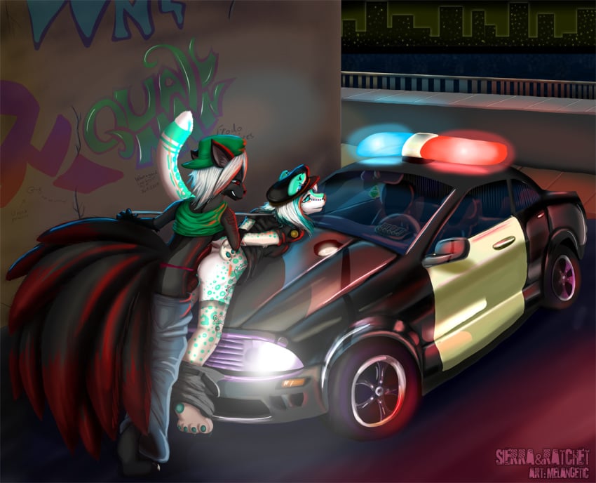 1girls 2girls alley bent_over black blue_eyes canine car city cyan furry futa_on_female futanari graffiti intersex jeans light police police_car pussy rape red red_eyes sex sierra_starpaw stars tail text wolf