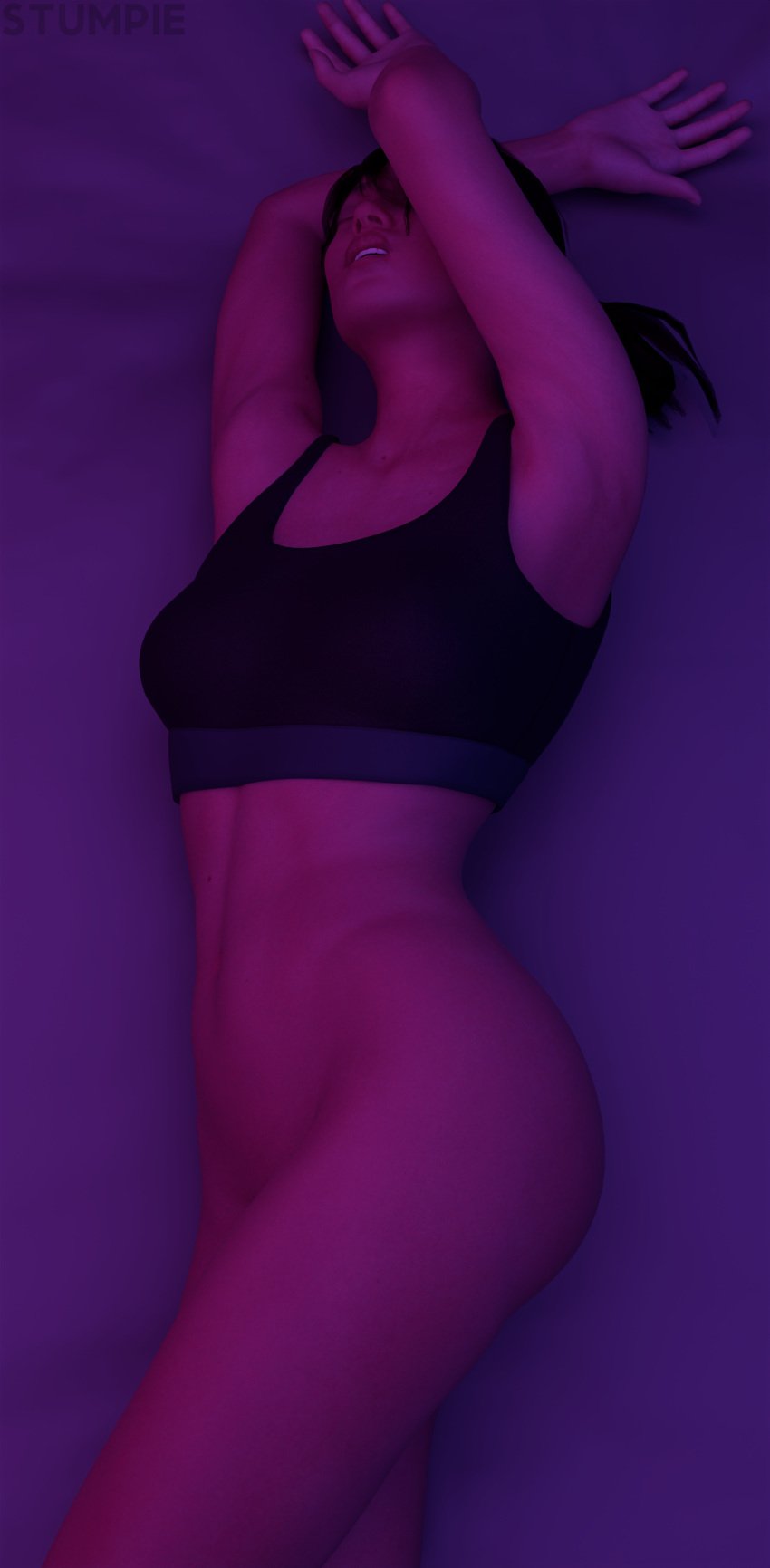 3d asian asian_female blue_eyes blue_eyes_female bottomless bottomless_female brown_hair brown_hair_female chell medium_ass nude_female pale-skinned_female pale_skin ponytail ponytail_female portal_(series) portal_2 pose posing romantic_ambiance romantic_night stumpie