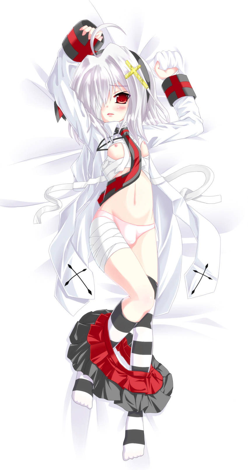 ahoge bandage bed blush bulge clothes color cross crossdressing dakimakura eye_patch eyewear hair hi_res high_resolution highres male male_only navel necktie nipples original panties red_eyes school_uniform short_hair silver_hair skirt sleeves_past_wrist sleeves_past_wrists solo striped striped_legwear striped_thighhighs thighhighs uncensored underwear undressing white_hair