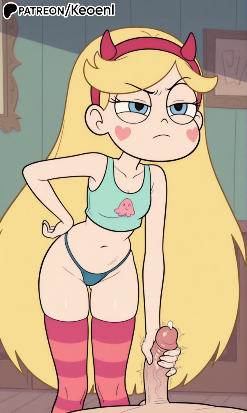1boy 1girls accurate_art_style adult ai_generated angry annoyed annoyed_expression bed big_penis blonde_hair blush breasts cum disney disney_channel disney_xd erection facial_mark fake_horns female hairband half-closed_eyes hand_on_hip handjob happy hard_nipples heart hi_res hips horned_headwear horns indoors keoenl lips long_hair makeup male medium_breasts midriff navel nipples patreon penis precum skinny small_breasts standing star_butterfly star_vs_the_forces_of_evil thighhighs thighs thong topwear underwear