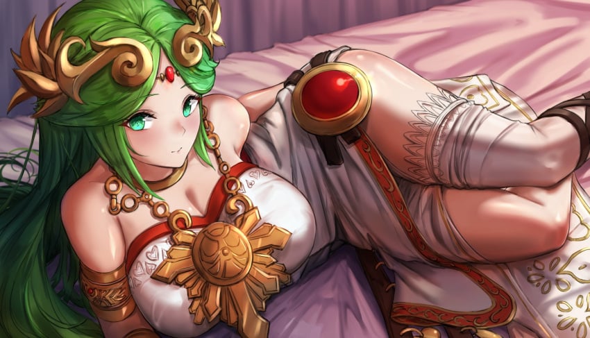 1girls ancient_greek_clothes armlet belt breasts chiton dress female forehead_jewel high_heels highres ippers jewelry kid_icarus kid_icarus_uprising large_breasts laurel_crown legs long_hair long_legs multiple_belts nintendo palutena parted_bangs pendant sandals side_slit single_thighhigh solo strapless strapless_dress thighhighs thighs tiara vambraces very_long_hair white_thighhighs