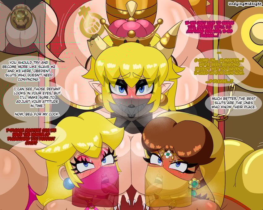 1futa 2girls all_fours big_ass big_breasts black_legwear blonde_hair blue_eyes blush blush_lines blushing_at_viewer bowsette broken_horn cage caged caged_cock chain_chomp chained chains chastity_cage chastity_device dancer dancer_outfit english_text face_veil female futa_only futanari futasub gold_(metal) gold_earrings gold_jewelry gold_trim grin harem_girl harem_outfit hi_res horn horns huge_ass intersex kneeling long_fingernails makeup mario_(series) midnightundying_(artist) nintendo pov pov_eye_contact princess princess_daisy princess_daisy_(oasis) princess_peach royalty sharp_teeth slave slave_outfit slavegirl small_penis submissive submissive_female super_crown tail tan_body tan_skin tattoo tattoo_on_butt text thick_thighs thigh_highs thighhighs thighs veil