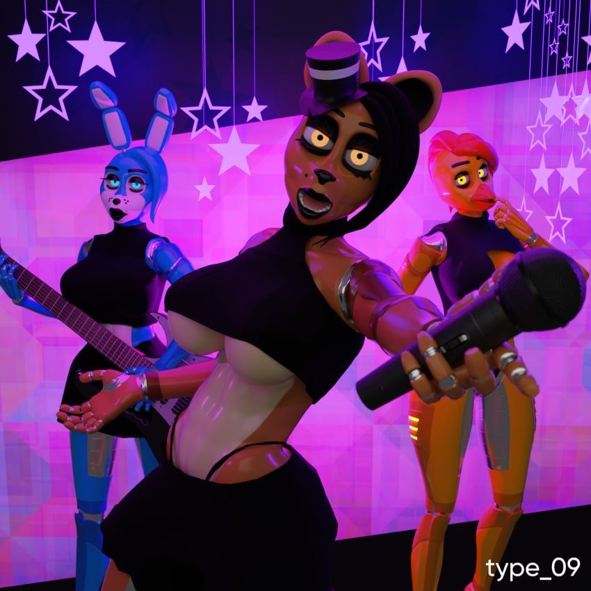 1:1 3d_(artwork) abs animatronic anthro avian beak bear big_breasts bird black_bottomwear black_clothing black_hair black_lips black_shirt black_skirt black_thong black_topwear black_underwear blue_body blue_eyes blue_hair bottomwear breasts brown_body chica_(fnaf) chicken clothing digital_media_(artwork) electric_guitar electronics female five_nights_at_freddy's five_nights_at_freddy's_2 freddy_(fnaf) galliform gallus_(genus) glowing glowing_eyes group guitar hair hat headgear headwear hi_res holding_guitar holding_microphone holding_musical_instrument holding_object lagomorph leporid lips looking_at_viewer machine mammal microphone midriff mtf_crossgender musical_instrument non-mammal_breasts open_mouth phasianid plucked_string_instrument rabbit red_hair robot robot_anthro rule_63 scottgames shirt short_hair skirt sleeveless_shirt string_instrument thick_thighs thong top_hat topwear toy_bonnie_(fnaf) trio type_09 under_boob underwear watermark yellow_body yellow_eyes