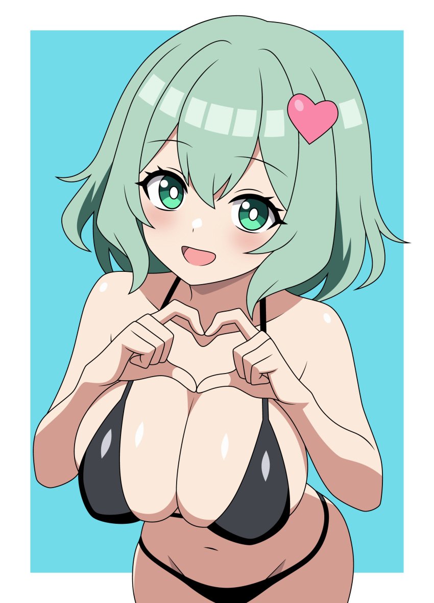 1girls absurd_res almost_naked alternate_breast_size big_breasts bikini blush breasts female female_only green_eyes green_hair heart koishi_komeiji looking_at_viewer nipple_bulge open_mouth posing short_hair simple_background smile solo ssaf_seibeupail swimsuit touhou