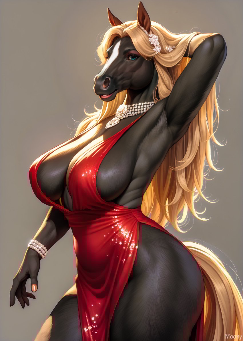 ai_generated anthro armpits arms_up big_breasts blonde_female blonde_hair curvaceous curvy curvy_female curvy_figure curvy_hips dress fancy_clothing female female_focus female_only furry furry_female furry_only huge_breasts long_hair moony3234 red_dress sideboob solo voluptuous_female