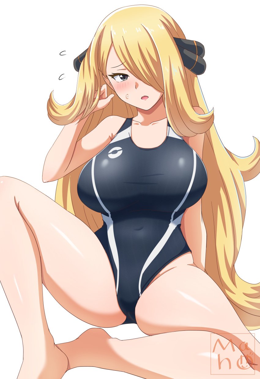 arm_behind_back bare_arms bare_legs bare_shoulders bare_thighs barefoot belly_button_visible_through_clothing big_breasts black_eyes black_one-piece_swimsuit blonde_hair blush breasts collarbone competition_swimsuit cynthia_(pokemon) embarrassed feet hair_over_one_eye long_hair maho_(corotonton5150) one-piece_swimsuit parted_lips pokemon sitting spread_legs sweatdrop swimsuit thick_thighs thighs