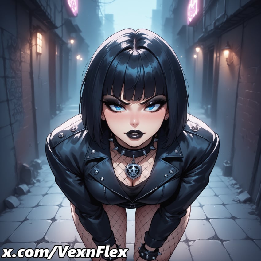 ai_generated bangs black_hair black_jacket black_lips blue_eyes blunt_bangs blush bracelet breasts cleavage collar ear_piercing earrings eyeliner eyeshadow female fishnet_pantyhose fishnets goth goth_girl gothic hands_on_own_thighs hi_res high_resolution jacket jewelry leaning_forward leather lily_(vexnflex) lipstick looking_at_viewer makeup mascara medium_breasts outdoors pantyhose patreon_username pentagram piercing short_hair solo spiked_bracelet spiked_collar spikes vexnflex watermark web_address