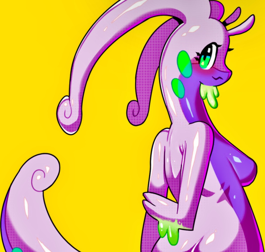 blush dragon dragon_girl drunkoak female female_focus female_only furry goo goo_creature goodra green_eyes nintendo pokémon_(species) pokemon pokemon_(species) pokemon_xy yellow_background