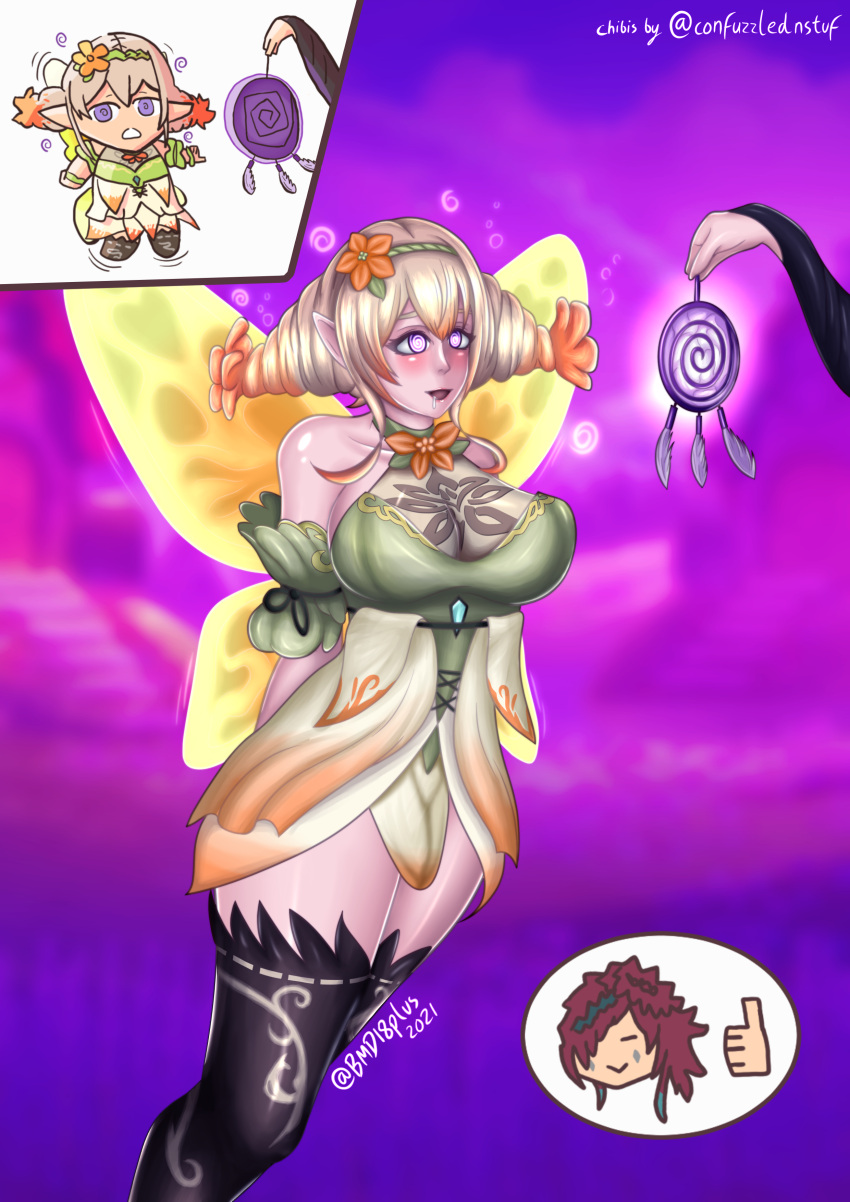 2girls @_@ bare_shoulders bare_thighs blonde_hair bmd18plus breasts chibi cleavage drooling fairy fairy_wings female female_only femdom femsub fire_emblem fire_emblem_heroes hypnosis large_breasts mind_control multicolored_hair multiple_girls nintendo open_mouth peony_(fire_emblem) pointy_ears purple_eyes saliva saliva_trail see-through short_hair shoulders smile solo_focus thick_thighs thighhighs thighs thumbs_up triandra_(fire_emblem) wings yuri