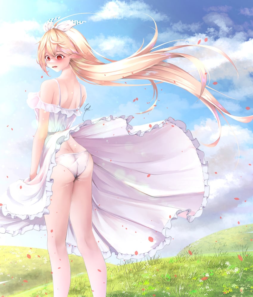 1girls ass ass_focus back_view bare_back bare_shoulders blonde_hair blush butt_focus dress dress_lift embarrassed exposed_panties exposed_shoulders hair_ribbon hairband hairbow legs long_hair nijisanji nijisanji_en panties pomu_rainpuff red_eyes solo solo_female solo_focus syxh virtual_youtuber white_panties wind wind_lift yellow_hair