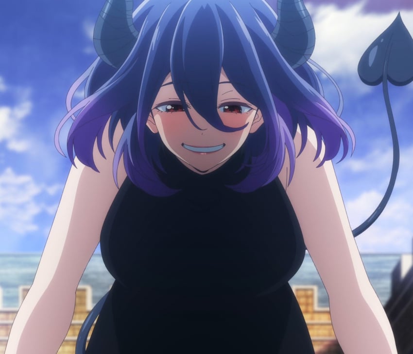 1girls 2022 arm_support black_dress blue_sky blurry_background blush blushing_at_another breasts cleavage clenched_teeth cloud cloudy_sky demon demon_girl demon_horns demon_tail demon_woman enormous_breasts eyebrows_visible_through_hair female_demon female_focus heart_tail hi_res high_resolution highres horns huge_breasts kinsou_no_vermeil lips lipstick looking_down looking_down_at_another monster_girl outdoors purple_eyebrows purple_hair purple_hair_female red_eyes red_eyes_female screencap screenshot short_hair short_hair_female shoulderless_dress showing_teeth sky smile smiling_at_another solo solo_female spade_tail succubus tail third-party_edit upper_body vermeil vermeil_(kinsou_no_vermeil) vermeil_in_gold voluptuous voluptuous_female