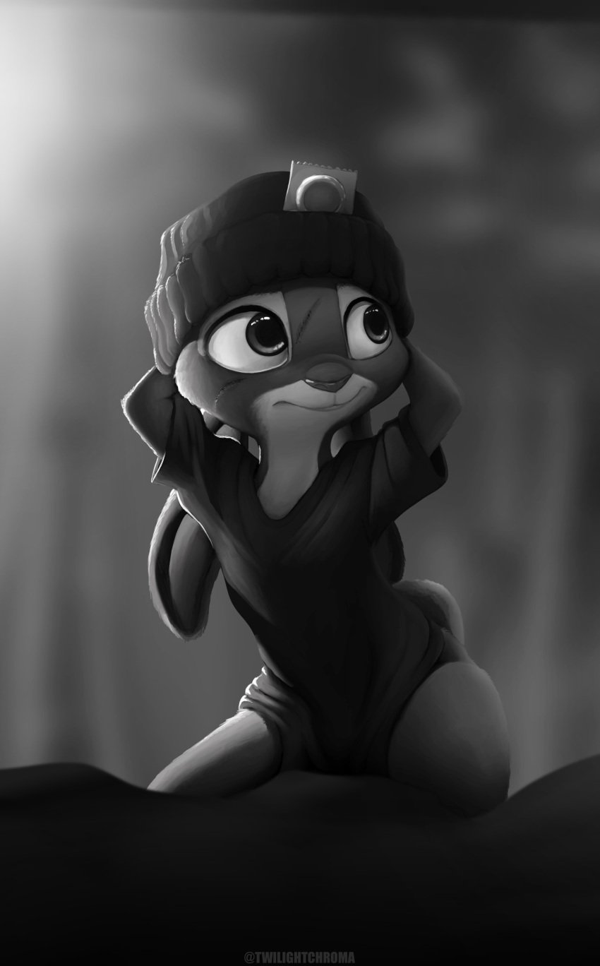 absurd_res anthro clothed clothing condom digital_media_(artwork) disney female fur grey_body happy hi_res judy_hopps lagomorph leporid mammal monochrome rabbit sexual_barrier_device simple_background smile solo topwear twilightchroma zootopia