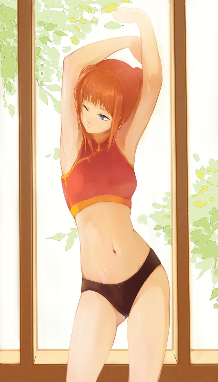 armpits arms_up bare_midriff black_panties blue_eyes chinese_clothes crop_top female female_only gintama kagura_(gintama) oklaomei one_eye_closed orange_hair panties sleeveless sleeveless_shirt small_breasts solo stretching tied_hair window