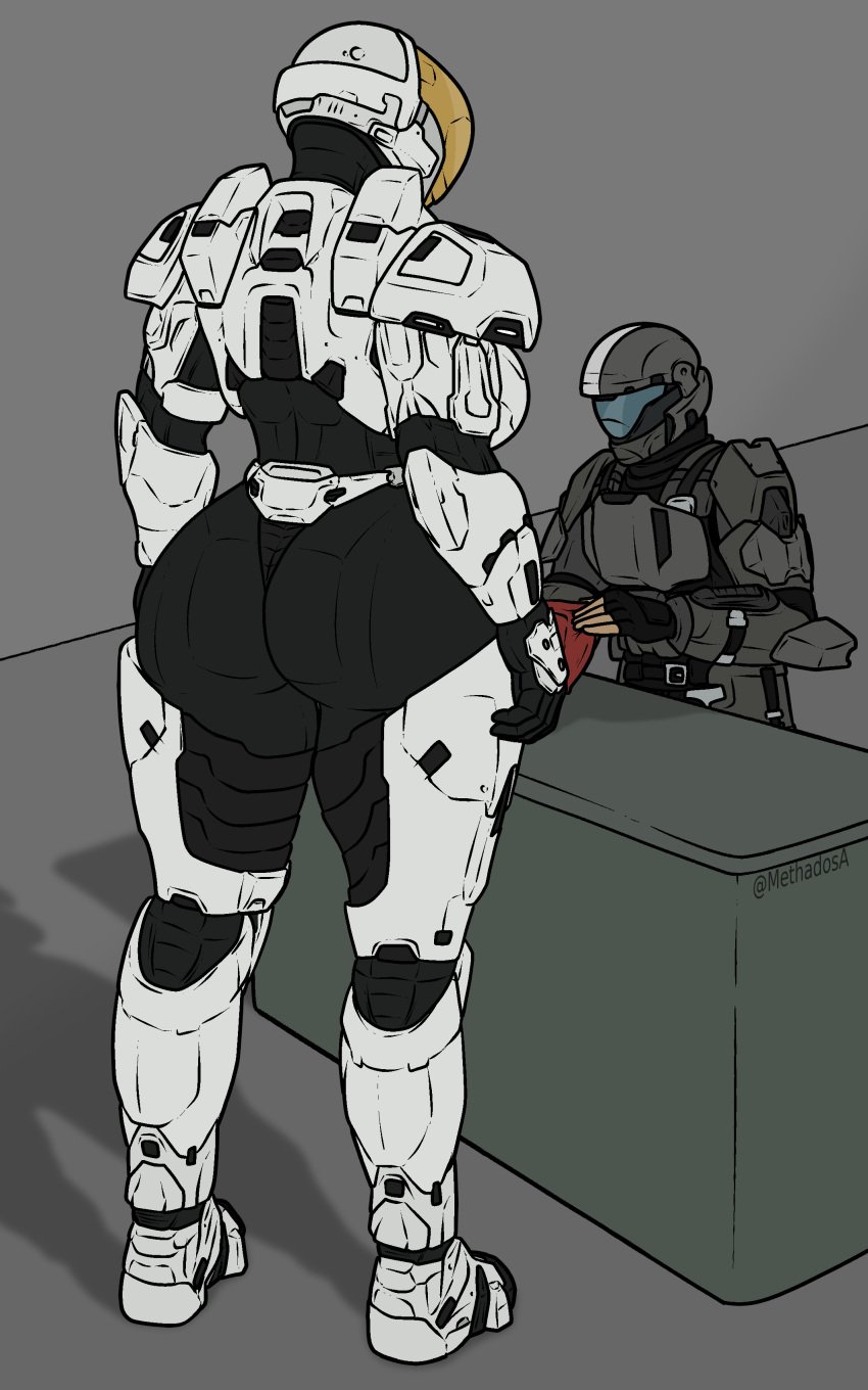 1boy 1boy1girl 1girls armor armored_boots armored_gloves ass boots child_bearing_hips curvaceous curvy_female curvy_figure female female_soldier female_spartan_(halo) gloves halo halo_(series) helmet huge_ass larger_female male meme methados odst orbital_drop_shock_trooper smaller_male soldier spartan_(halo) unsc