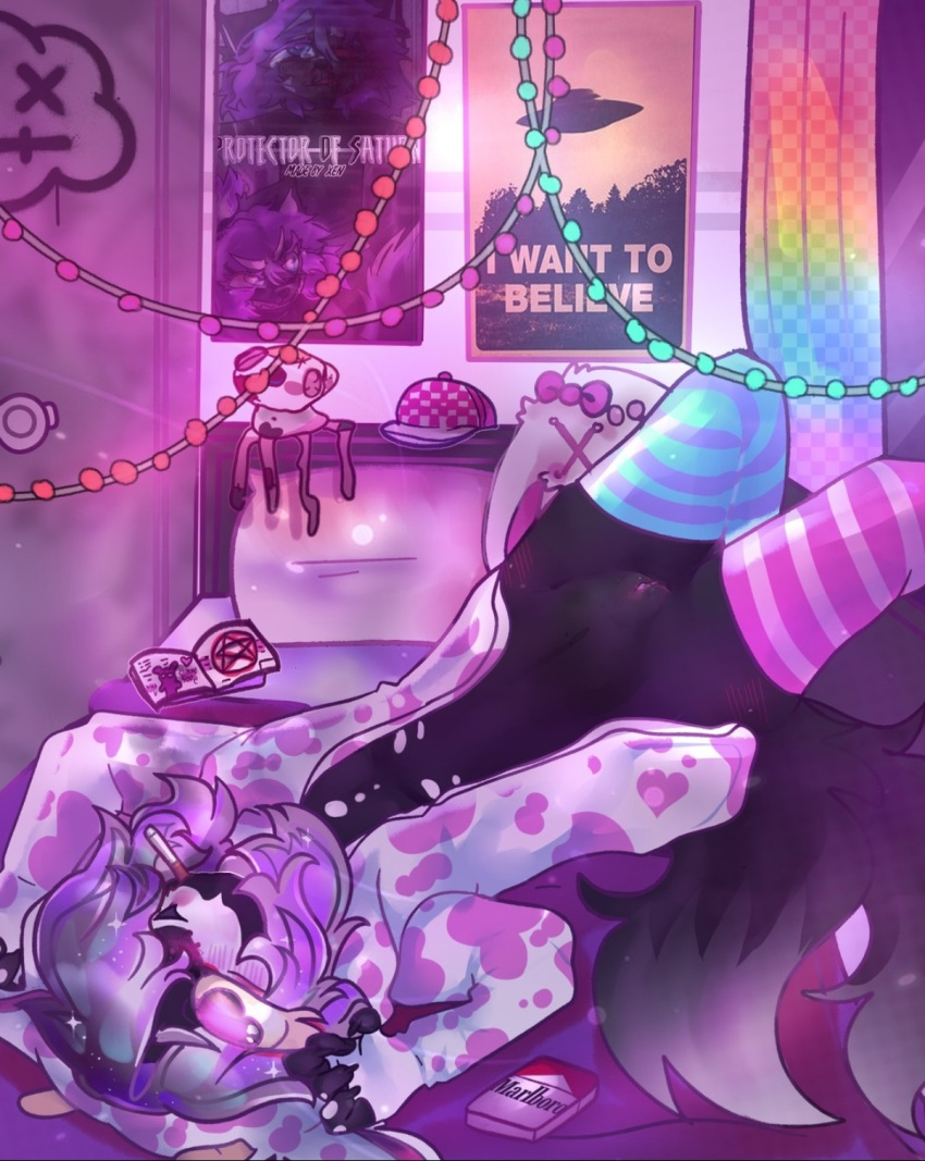 bed bedroom cigarette cow_ears cow_hood cow_print cowgirl cute dark_fur flustered furry half_naked karmierules lights pastel pastel_goth pink_background poster_(object) rosemary_chouren scenecore stockings stockings_(marking) vagina window