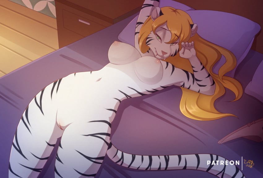 anthro bed bedroom_eyes blonde_hair breasts essien fangs felid female fur furniture genitals hair head_on_pillow inside mammal narrowed_eyes nipples nude on_bed pantherine pillow pussy seductive solo striped_body striped_fur stripes tiger white_body white_fur