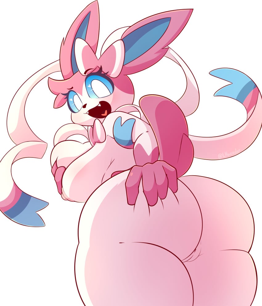 absurd_res anthro ass blue_sclera bow_ribbon breast_squish breasts butt_grab clothing cute_expression eeveelution eyelashes fangs female generation_6_pokemon genitals hand_on_breast hand_on_butt hi_res legwear lhacedor looking_at_viewer multicolored_body nintendo nipples pink_nipples pokemon pokemon_(species) pussy raised_tail rear_view ribbons solo squish sylveon thigh_highs video_games white_eyes