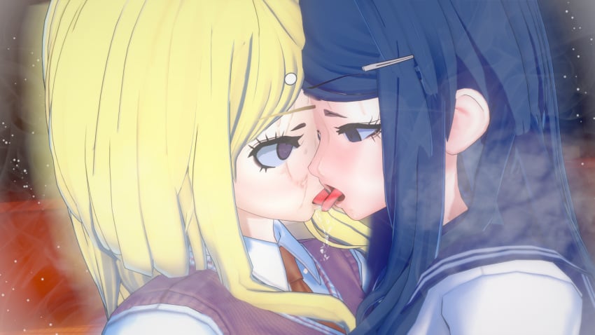 3d akamatsu_kaede bernhardlescat catfight danganronpa danganronpa:_trigger_happy_havoc danganronpa_1 danganronpa_v3 koikatsu lesbian_competitive_intercourse lesbian_kiss lesbian_sex maizono_sayaka sexfight straight_hair sweat yuri