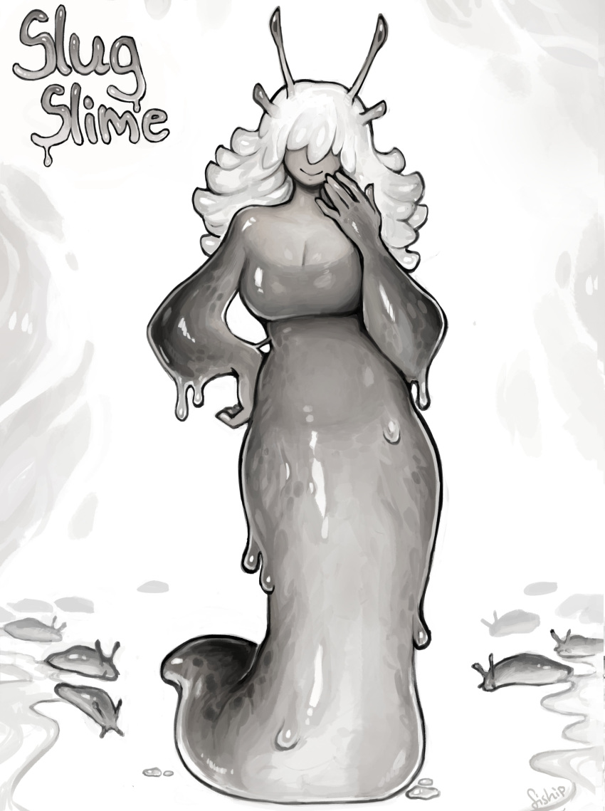 anthro big_breasts cute dripping eye_stalks eyestalks feral fiship gastropod goopy safe sfw slime slime_hair slimey slug smiling_at_viewer tagme