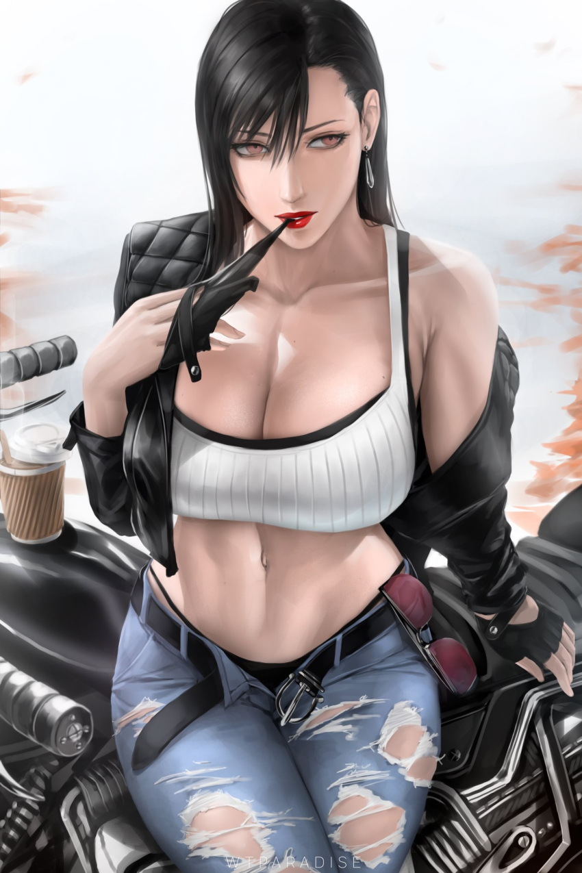 belly_button cleavage final_fantasy final_fantasy_vii final_fantasy_vii_remake jacket lipstick long_hair midriff motorbike motorcycle on_motorcycle open_belt ripped_clothing ripped_pants solo solo_female tank_top tifa_lockhart visible_underwear we1cometoparadiseart welcometoparadise wtparadise