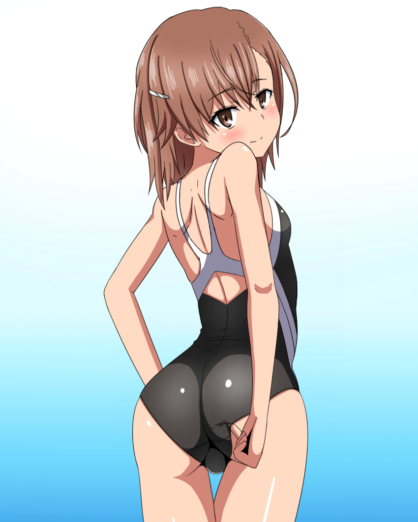 10s 1girls 2017 adjusting_clothes adjusting_swimsuit ass asymmetrical_bangs bangs bare_shoulders bare_thighs blue_background blush brown_eyes brown_hair brunette closed_mouth competition_swimsuit cowboy_shot dat_ass female from_behind gloves gradient_background hair_ornament hairclip hi_res highleg_leotard looking_back marupuni matching_hair/eyes misaka_mikoto one-piece_swimsuit school_swimsuit shoulder_blades smile solo swimsuit teenage_girl teenager thighs to_aru_kagaku_no_railgun to_aru_majutsu_no_index tokiwadai_school_swimsuit wedgie young