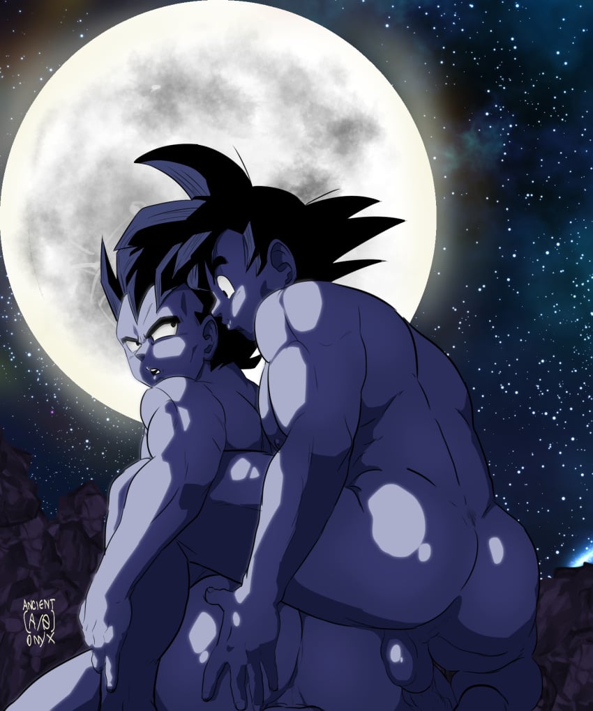 ancient-onyx balls black_hair boner dragon_ball dragon_ball_z erection gay imminent_anal imminent_sex male male_only moon muscles nude penis saiyan son_goku vegeta widow's_peak yaoi