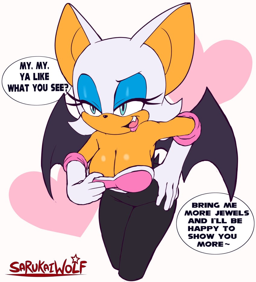 anthro bat bat_wings blue_eyes breasts cleavage cleavage_pull clothed clothing dialogue english_text eyeshadow female lipstick rouge_the_bat sarukaiwolf showing_cleavage solo sonic_(series) sonic_the_hedgehog_(series) teasing text