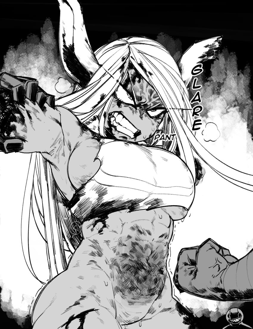 1girls amputee angry belly belly_punch black_and_white bleeding blood clothed damaged_clothes dark_skin glaring gore greyscale gritting_teeth krekk0v miruko missing_arm monochrome muscular muscular_female my_hero_academia no_penetration punch rumi_usagiyama ryona white_hair wound wounded