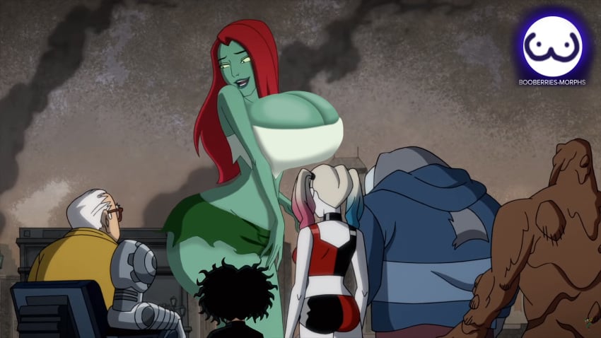 2d booberries_morphs dc dc_comics edit giantess gigantic_breasts green-skinned_female green_skin harley_quinn harley_quinn_(series) king_shark poison_ivy screenshot screenshot_edit sy_borgman white-skinned_female white_skin