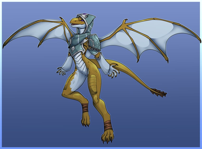 2022 anthro armor barely_visible_genitalia barely_visible_pussy bastiel blizzard_entertainment bottomless clothed clothing dracthyr dragon dragonflight eyewear female flying genitals glasses hi_res hood pussy scalie solo stopwatch_(character) video_games warcraft western_dragon