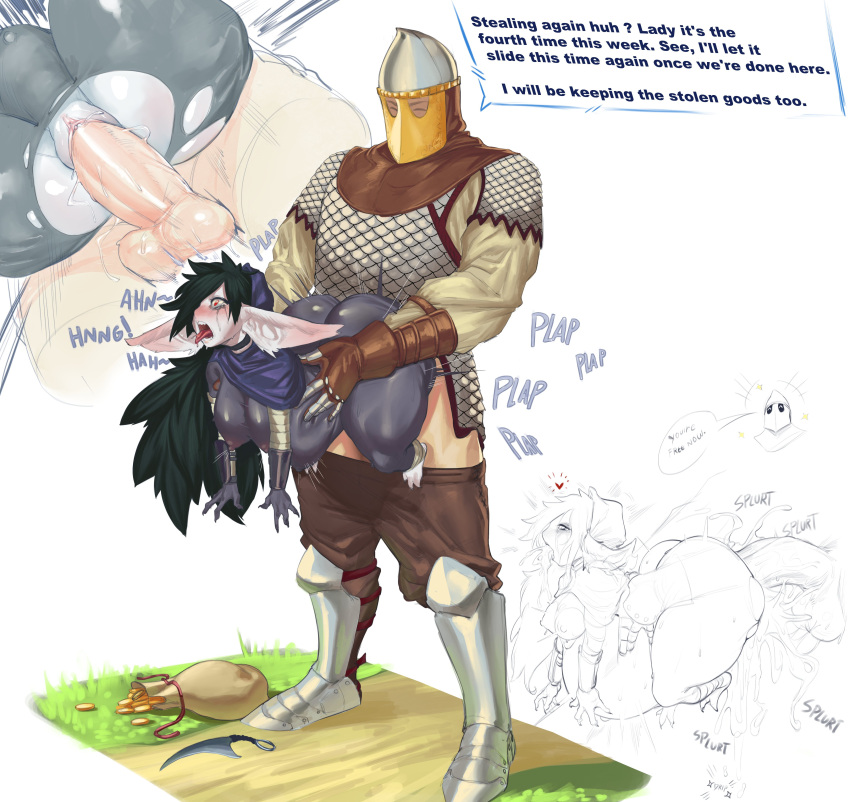 1boy 1girls armor big_ass carrying close-up clothed_sex dankwoll dwoll english_text helmet human_impregnating_humanoid italo-norman_helmet knight_on_monster medieval_armour outdoors penis pointy_ears pussy sex size_difference standing_sex torn_clothes vaginal_penetration