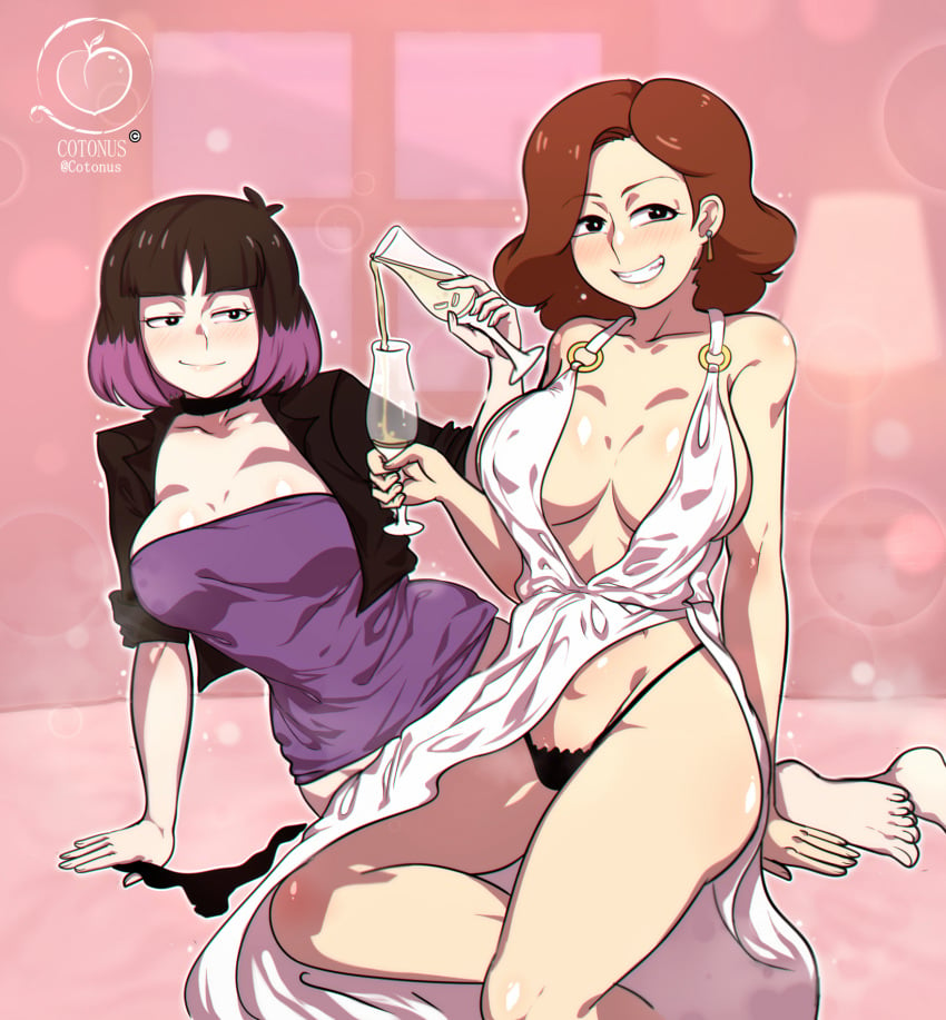 2girls big_breasts black_hair black_thong blush breasts brown_hair cleavage cotonus dress earrings feet female female_only hair hilda_(series) holding_drink johanna_(hilda) kaisa_(hilda) lips mature mature_female mature_woman milf mother multiple_girls purple_dress purple_highlights seductive seductive_look seductive_smile short_dress short_hair skimpy skimpy_dress smile thighs thong white_dress wine_glass