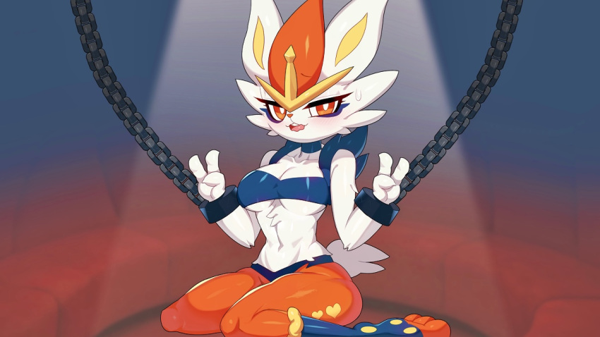 bondage bunny bunny_ears bunny_girl chains cinderace detailed_background drunkoak female female_focus female_only generation_8_pokemon nintendo peace_sign pokémon_(species) pokemon red_eyes restraints thick_thighs