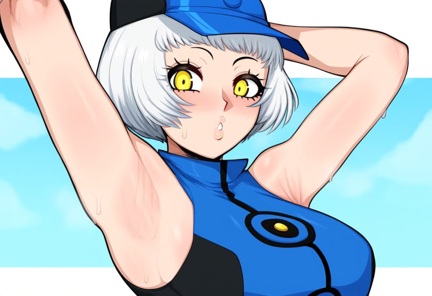 ai_generated aifrobull armpit_fetish armpits blue_dress elizabeth_(persona) persona persona_3 pits sexy_armpits silver_hair solo surprised yellow_eyes