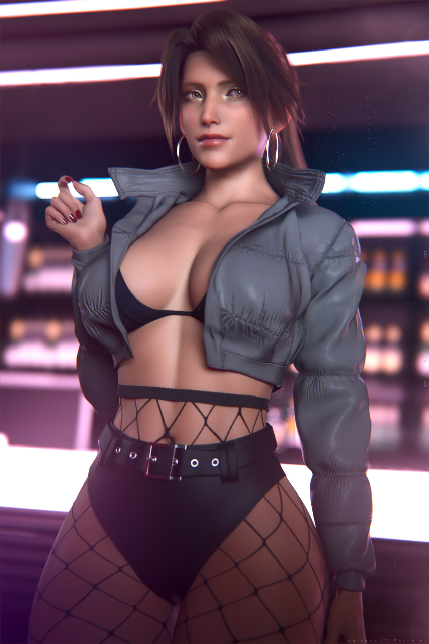 1girls 2xp_studios 3d 3d_(artwork) bar belt bikini_top blurry_background breasts brown_hair detailed_background earrings female female_focus female_only final_fantasy final_fantasy_vii final_fantasy_vii_remake fishnets hazel_eyes hi_res high_resolution highres hoop_earrings jessie_rasberry leather_jacket nail_polish pizz3d red_nail_polish red_nails short_shorts solo solo_female solo_focus square_enix wide_hips