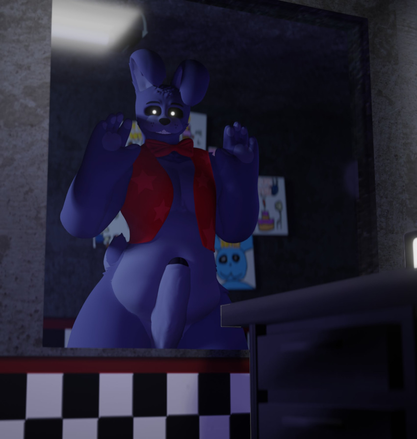 1boy 3d 3d_(artwork) against_glass against_wall anthro anxiboi balls bonnie_(fnaf) bowtie bunny bunny_ears bunny_tail clothing five_nights_at_freddy's foreskin furry furry_ears gay genitals hi_res looking_at_viewer male male_only office partially_clothed penis pressed_on_glass purple_fur smile smiling solo tagme tail vest white_eyes